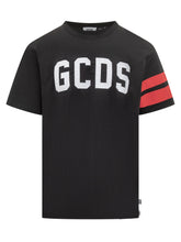 GCDS Black T-shirt with White Logo and Red Stripes - COLLEZIONE TEAM EC | $store$
